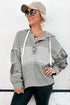 Waffle Knit Stripe Patchwork Henley Drawstring Hood Drop Shoulder Long Sleeve Top